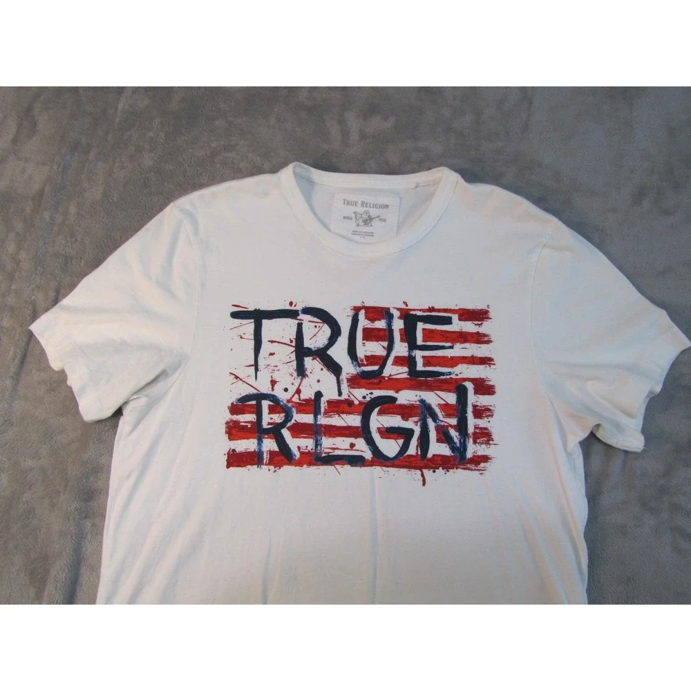 True Religion Mens White American Flag Graphic T-Shirt Distressed Logo Size L